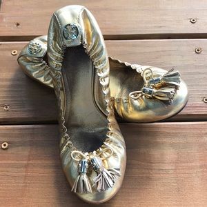 Tory Burch  Gold Reese Distressed Leather Flats